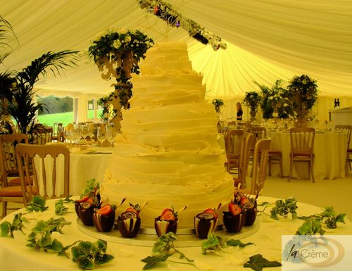 The Wedding cake was a five tier chocolate cake with a chocolate swirl from