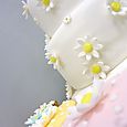 2 tier wedding cake with pastel cup cakes