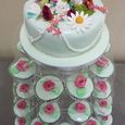 Rose Garden topper Wedding Cake with matching cup cakes