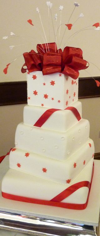 5 tier red & white wedding cake