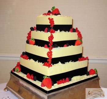 4 Tier Black & Ivory, Chocolate & Fruit Wedding Cake