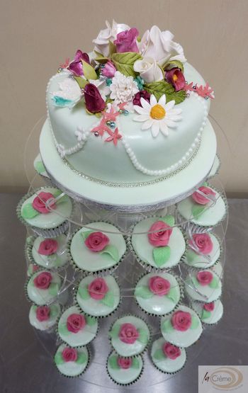 Rose Garden topper Wedding Cake with matching cup cakes
